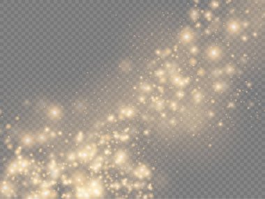 Şeffaf arkaplanda ışıldayan altın sihirli toz tanecikleri, parlak ışıklar, sarı toz kıvılcımları ve yıldızların parlaklığı özel ışık, Noel ışıltısı etkisi, vektör illüstrasyonu.