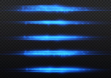 Yatay ışık ışınları, flaş mavi ışık parlamaları, lazer ışınları, şeffaf arkaplanda parlayan çizgi, güzel ışık parlamaları, parlak parlaklıklar, vektör illüstrasyonu, 10.