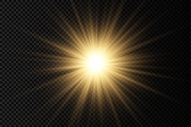 Parlak parlak bir yıldız, parlak bir yıldız, saydam bir arkaplanda sarı bir ışık patlaması, sarı güneş ışınları, altın ışık efekti, ışıltılı güneş ışığı, vektör illüstrasyonu, 10