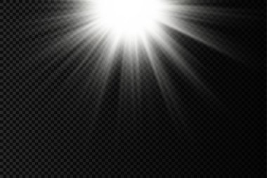 Parlak patlamalı güneş ışığı, ışık ve sihirli parıltı ışınlarıyla parlama etkisi, güneş ışınları, beyaz ışın etkisi, aydınlık ışığında bulanıklık, ön lens flaşı, vektör illüstrasyonu, 10.