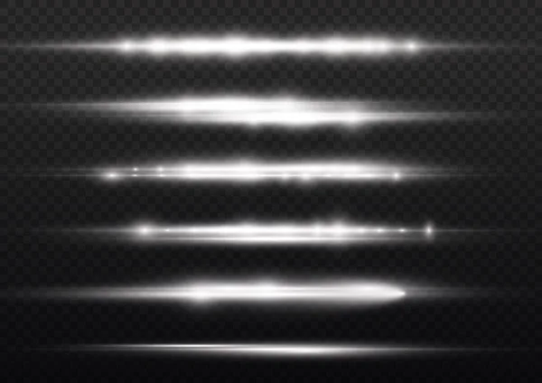 水平光線 フラッシュホワイト水平レンズフレアパック レーザービーム 透明背景のグローホワイトライン 美しいライトフレア 明るいグレア ベクトルイラスト Eps — ストックベクタ