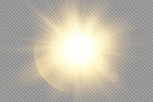 輝きの星 透明な背景に輝く光バースト 黄色の太陽光線 黄金の光効果 光線で太陽のフレア ボケ効果 金のグレア ベクトルイラスト — ストックベクタ