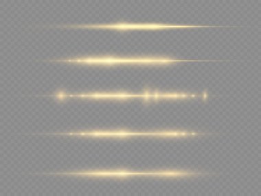 Yatay ışık ışınları, şeffaf arkaplanda parlak sarı çizgi, sarı yatay lens fişekleri, lazer ışınları, güzel ışık parlamaları, parlak altın parlaklığı, resimleme.