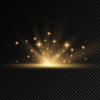 Işık ve sihirli parıltı ışınlarıyla özel efektler, sarı parıltılı ışıklar güneş ışınları, parlak ve parlak altın yıldızlar, şeffaf arkaplanda yıldız patlaması, çizimler.