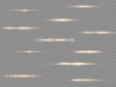 Yatay ışık ışınları, şeffaf arkaplanda parlak sarı çizgi, sarı yatay lens fişekleri, lazer ışınları, güzel ışık parlamaları, parlak altın parlaklığı, resimleme.