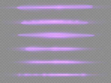 Yatay ışık ışınları, parlak mor yatay lensler, lazer ışınları, şeffaf arkaplanda parlak menekşe çizgileri, güzel ışık parlamaları, parlak parlaklıklar, vektör illüstrasyonu, 10 birim..