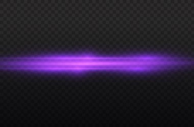 Yatay ışık ışınları, parlak mor yatay lensler, lazer ışınları, şeffaf arkaplanda parlak menekşe çizgileri, güzel ışık parlamaları, parlak parlaklıklar, vektör illüstrasyonu, 10 birim..