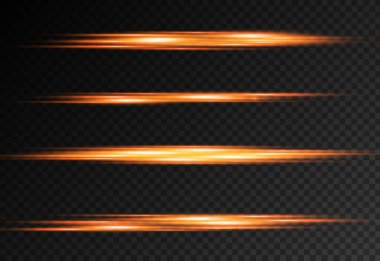Yatay ışık ışınları, parlak turuncu ışık parlamaları, lazer ışınları, şeffaf arkaplanda parlak altın çizgiler, güzel ışık parlamaları, parlak altın parlaklığı, vektör illüstrasyonu,.