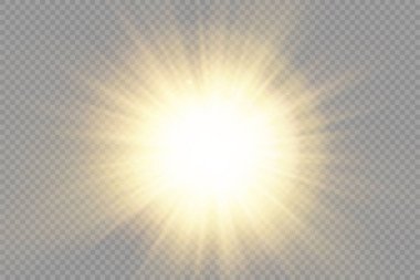 Parlak yıldız, parlak yıldız, şeffaf arkaplanda parlayan ışık, sarı güneş ışınları, altın ışık efekti, ışıltılı güneş ışığı, bokeh etkisi, altın parıltısı, vektör illüstrasyonu