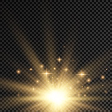 Şeffaf arkaplanda yıldız patlaması, sarı parıltılı ışıklar güneş ışınları, ışık ve sihirli ışıltılarla özel efektler, parlak ve parlak altın yıldız, vektör çizimi, 10 birim.