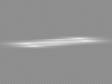 Yatay ışık ışınları, flaş beyaz ışık parlamaları, lazer ışınları, şeffaf arkaplanda parlak beyaz çizgi, güzel ışık parlamaları, parlak parlaklıklar, vektör illüstrasyonu,.