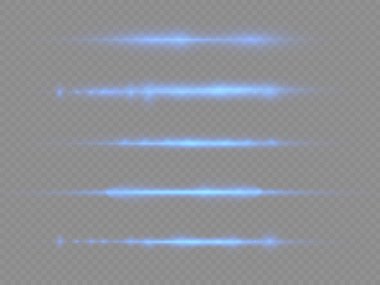 Yatay ışık ışınları, flaş mavi ışık parlamaları, lazer ışınları, şeffaf arkaplanda parlayan çizgi, güzel ışık parlamaları, parlak parlaklıklar, vektör illüstrasyonu, 10.