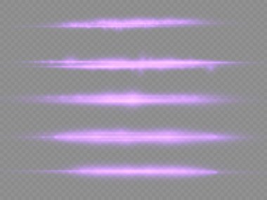 Yatay ışık ışınları, parlak mor yatay lensler, lazer ışınları, şeffaf arkaplanda parlak menekşe çizgileri, güzel ışık parlamaları, parlak parlaklıklar, vektör illüstrasyonu, 10 birim..
