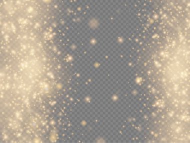 Şeffaf arkaplanda ışıldayan altın sihirli toz tanecikleri, parlak ışıklar, sarı toz kıvılcımları ve yıldızların parlaklığı özel ışık, Noel ışıltısı etkisi, vektör illüstrasyonu.