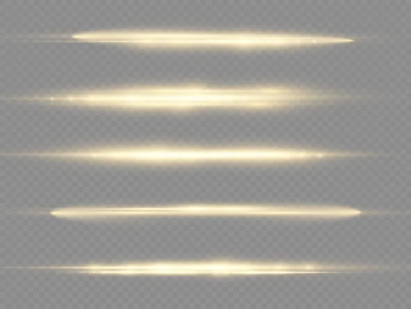 Rayos Luz Horizontales Paquete Llamaradas Lentes Horizontales Amarillas Rayos Láser — Archivo Imágenes Vectoriales
