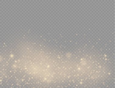 Şeffaf arkaplanda ışıldayan altın sihirli toz tanecikleri, parlak ışıklar, sarı toz kıvılcımları ve yıldızların parlaklığı özel ışık, Noel ışıltısı etkisi, vektör illüstrasyonu.