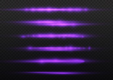 Yatay ışık ışınları, parlak mor yatay lensler, lazer ışınları, şeffaf arkaplanda parlak menekşe çizgileri, güzel ışık parlamaları, parlak parlaklıklar, vektör illüstrasyonu, 10 birim..