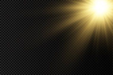 Parlak patlamalı güneş ışığı, ışık ve sihirli parıltı ışınlarıyla parlama efekti, güneş ışınları, sarı ışık efekti, aydınlık ışığında bulanıklık, ön lens flaşı, vektör illüstrasyonu, 10.