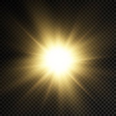 Parlak parlak bir yıldız, parlak bir yıldız, saydam bir arkaplanda sarı bir ışık patlaması, sarı güneş ışınları, altın ışık efekti, ışıltılı güneş ışığı, vektör illüstrasyonu, 10