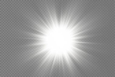 Parlak bir yıldız, parlak bir yıldız, şeffaf bir arkaplanda parlayan beyaz bir ışık patlaması, güneş ışınları, altın ışık efekti, ışıltılı ışıltı, vektör illüstrasyonu, 10