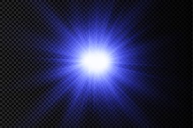 Parlak bir yıldız, parlak bir yıldız, şeffaf bir arkaplanda mavi bir ışık patlaması, güneş ışınları, ışık efekti, ışıltı ışınları, vektör illüstrasyonu, 10