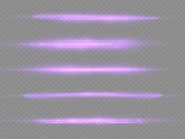 Yatay ışık ışınları, parlak mor yatay lensler, lazer ışınları, şeffaf arkaplanda parlak menekşe çizgileri, güzel ışık parlamaları, parlak parlaklıklar, vektör illüstrasyonu, 10 birim..