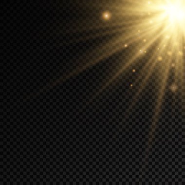 Parlak patlamalı güneş ışığı, ışık ve sihirli parıltı ışınlarıyla parlama efekti, güneş ışınları, sarı ışık efekti, aydınlık ışığında bulanıklık, ön lens flaşı, vektör illüstrasyonu, 10.