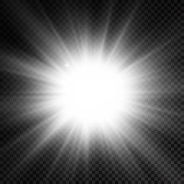 Parlak bir yıldız, parlak bir yıldız, şeffaf bir arkaplanda parlayan beyaz bir ışık patlaması, güneş ışınları, altın ışık efekti, ışıltılı ışıltı, vektör illüstrasyonu, 10