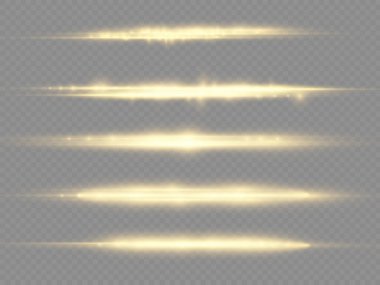 Yatay ışık ışınları, parlayan sarı yatay mercek fişekleri, lazer ışınları, şeffaf arkaplanda parıldayan altın çizgiler, güzel ışık parlamaları, parlak altın parlaklığı, vektör illüstrasyonu,.