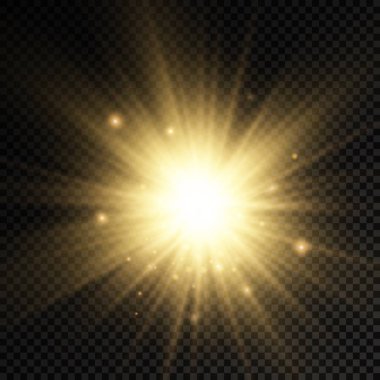 Parlak parlak bir yıldız, parlak bir yıldız, saydam bir arkaplanda sarı bir ışık patlaması, sarı güneş ışınları, altın ışık efekti, ışıltılı güneş ışığı, vektör illüstrasyonu, 10