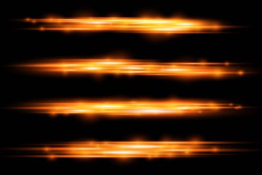 Yatay ışık ışınları, parlak turuncu ışık parlamaları, lazer ışınları, siyah arka planda parıldayan altın çizgiler, güzel ışık parlamaları, parlak altın parlaklığı, vektör çizimleri,.