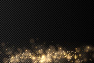 Işık soyut parlayan bokeh ışıkları. Parlayan yıldız, güneş parçacıkları ve ışıldayan merceğin şeffaf arkaplan üzerindeki etkisi. Parlak sihirli toz parçacıkları. Noel konsepti. Vektör illüstrasyonu.