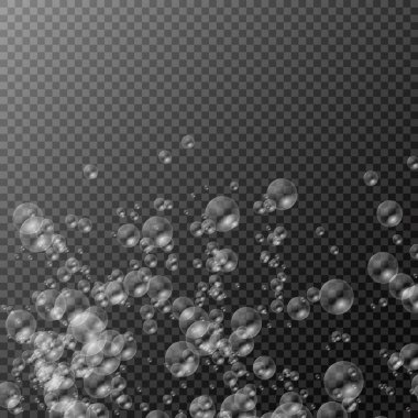 Şeffaf renkli sabun baloncukları, vektör illüstrasyonu, şeffaf arkaplanda yansıması olan beyaz su kabarcıkları seti,.