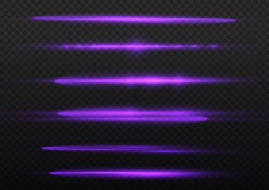 Yatay ışık ışınları, parlak mor yatay lensler, lazer ışınları, şeffaf arkaplanda parlak menekşe çizgileri, güzel ışık parlamaları, parlak parlaklıklar, vektör illüstrasyonu, 10 birim..