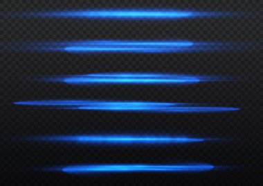 Yatay ışık ışınları, flaş mavi ışık parlamaları, lazer ışınları, şeffaf arkaplanda parlayan çizgi, güzel ışık parlamaları, parlak parlaklıklar, vektör illüstrasyonu, 10.