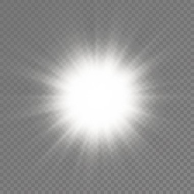 Parlak bir yıldız, parlak bir yıldız, şeffaf bir arkaplanda parlayan beyaz bir ışık patlaması, güneş ışınları, altın ışık efekti, ışıltılı ışıltı, vektör illüstrasyonu, 10