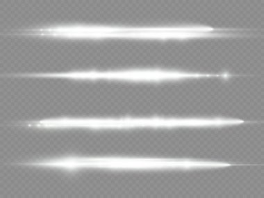 Yatay ışık ışınları, flaş beyaz yatay lens fişekleri, lazer ışınları, şeffaf arkaplanda parlak beyaz bir çizgi, güzel bir ışık parlaması, parlak altın parıltısı, vektör illüstrasyonu,.