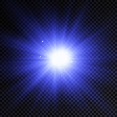 Parlak bir yıldız, parlak bir yıldız, şeffaf bir arkaplanda mavi bir ışık patlaması, güneş ışınları, ışık efekti, ışıltı ışınları, vektör illüstrasyonu, 10