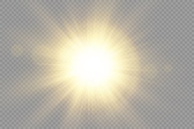 Parlak yıldız, parlak yıldız, şeffaf arkaplanda parlayan ışık, sarı güneş ışınları, altın ışık efekti, ışıltılı güneş ışığı, bokeh etkisi, altın parıltısı, vektör illüstrasyonu