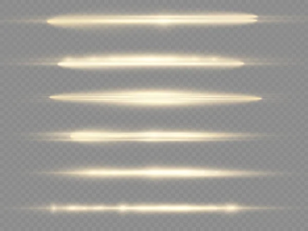 Horizontale Lichtstralen Flitsgele Horizontale Lens Flares Pack Laserstralen Gloeiende Gouden — Stockvector