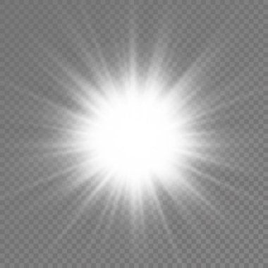 Parlak bir yıldız, parlak bir yıldız, şeffaf bir arkaplanda parlayan beyaz bir ışık patlaması, güneş ışınları, altın ışık efekti, ışıltılı ışıltı, vektör illüstrasyonu, 10
