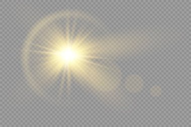 Parlak bir yıldız, parlak bir yıldız, şeffaf bir arkaplanda parlayan bir ışık, sarı güneş ışınları, altın ışık efekti, ışıldayan ışınlar, bokeh etkisi, vektör illüstrasyonu