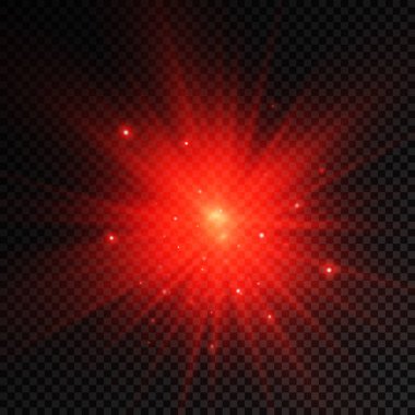Parlak bir yıldız, parlak bir yıldız, şeffaf bir arkaplanda kırmızı bir ışık patlaması, güneş ışınları, ışık efekti, ışıltı ışınları, vektör illüstrasyonu, 10