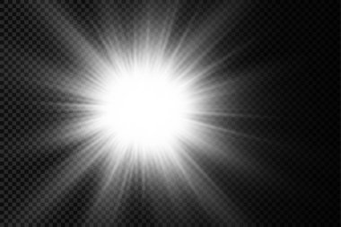 Parlak bir yıldız, parlak bir yıldız, şeffaf bir arkaplanda parlayan beyaz bir ışık patlaması, güneş ışınları, altın ışık efekti, ışıltılı ışıltı, vektör illüstrasyonu, 10