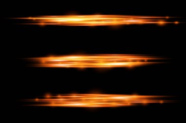 Yatay ışık ışınları, parlak turuncu ışık parlamaları, lazer ışınları, siyah arka planda parıldayan altın çizgiler, güzel ışık parlamaları, parlak altın parlaklığı, vektör çizimleri,.