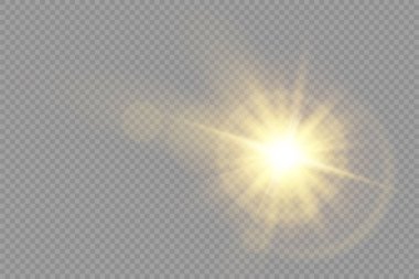 Parlak bir yıldız, parlak bir yıldız, şeffaf bir arkaplanda parlayan bir ışık, sarı güneş ışınları, altın ışık efekti, ışıldayan ışınlar, bokeh etkisi, vektör illüstrasyonu