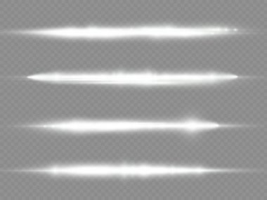 Yatay ışık ışınları, flaş beyaz yatay lens fişekleri, lazer ışınları, şeffaf arkaplanda parlak beyaz bir çizgi, güzel bir ışık parlaması, parlak altın parıltısı, vektör illüstrasyonu,.
