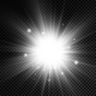 Parlak bir yıldız, parlak bir yıldız, şeffaf bir arkaplanda parlayan beyaz bir ışık patlaması, güneş ışınları, altın ışık efekti, ışıltılı ışıltı, vektör illüstrasyonu, 10