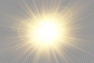 Parlak yıldız, parlak yıldız, şeffaf arkaplanda parlayan ışık, sarı güneş ışınları, altın ışık efekti, ışıltılı güneş ışığı, bokeh etkisi, altın parıltısı, vektör illüstrasyonu