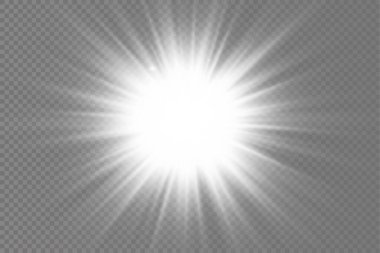 Parlak bir yıldız, parlak bir yıldız, şeffaf bir arkaplanda parlayan beyaz bir ışık patlaması, güneş ışınları, altın ışık efekti, ışıltılı ışıltı, vektör illüstrasyonu, 10